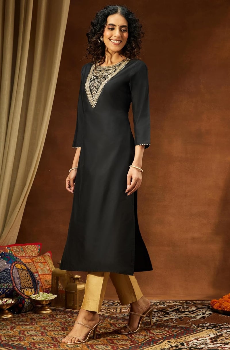 Janasya Women's Black Chanderi Silk Yoke Embroidered Straight Kurta - Image 5